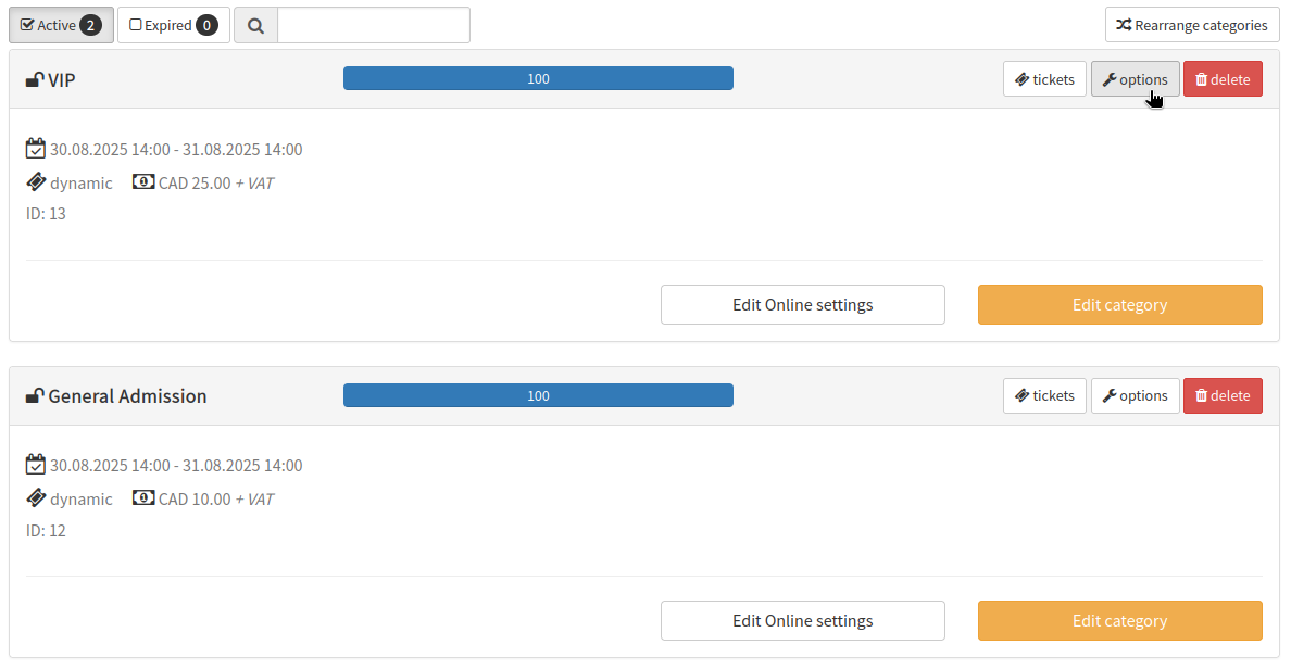 Pressing VIP category options button